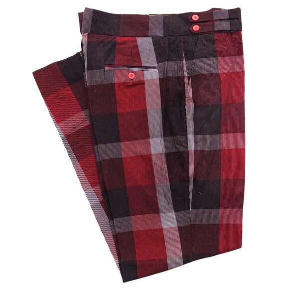 Mens Gurkha Pants 38 Red Black Raised Velvet Stripe Plaid Trousers Straight Fit - Picture 1 of 8